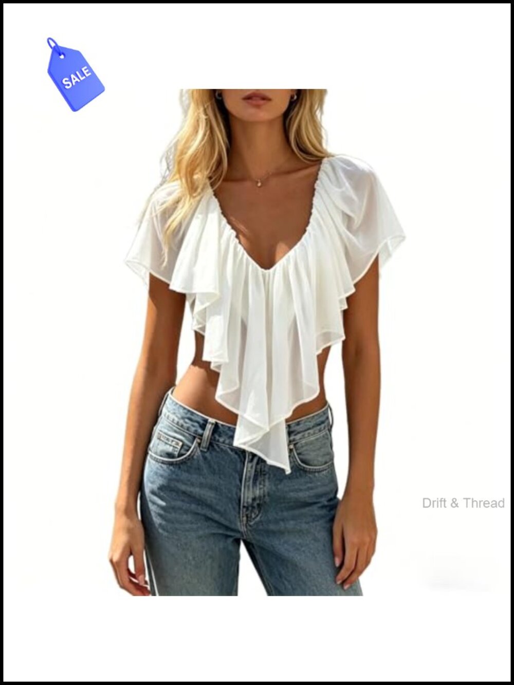 Ruffled V-Neck Crop Top Lace Flutter Sleeve Tie Back Boho Open Back Sexy